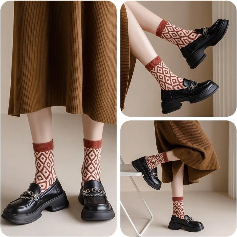 FORJMMP 5/10 Pairs Wool Socks for Women Thick Knit Vintage Cute Floral Crew Socks - Image 4